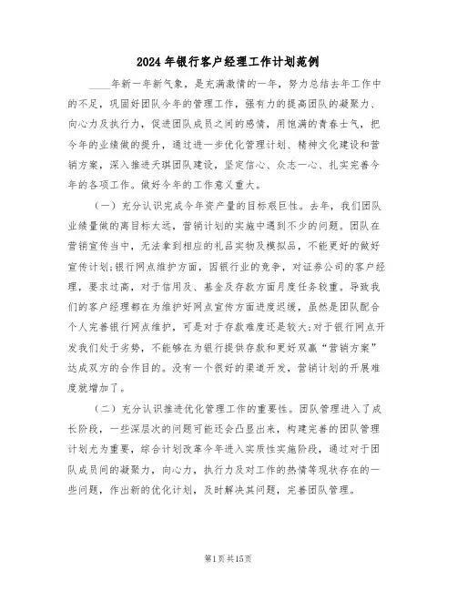 2024年银行客户经理工作计划范例（五篇）