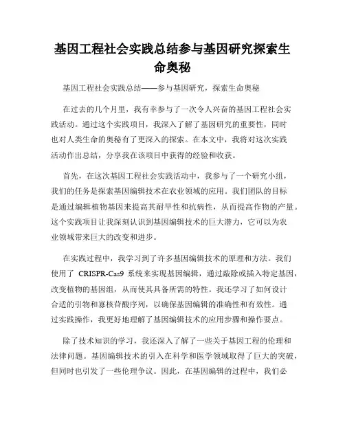 基因工程社会实践总结参与基因研究探索生命奥秘