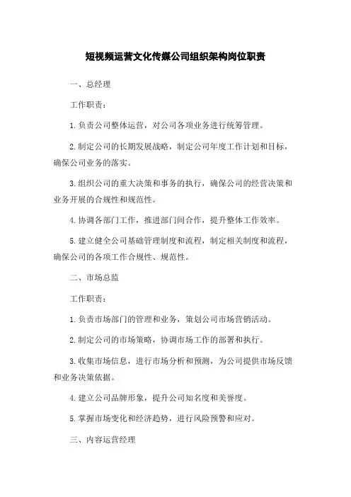 短视频运营文化传媒公司组织架构岗位职责