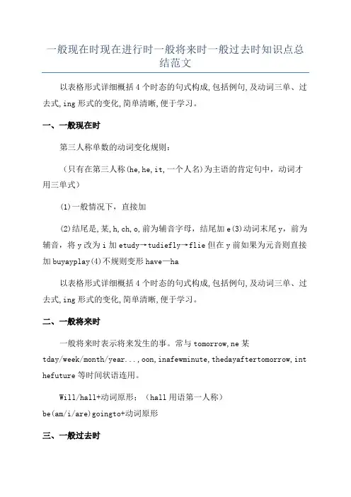 一般现在时现在进行时一般将来时一般过去时知识点总结范文
