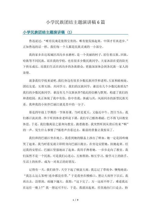 小学民族团结主题演讲稿6篇
