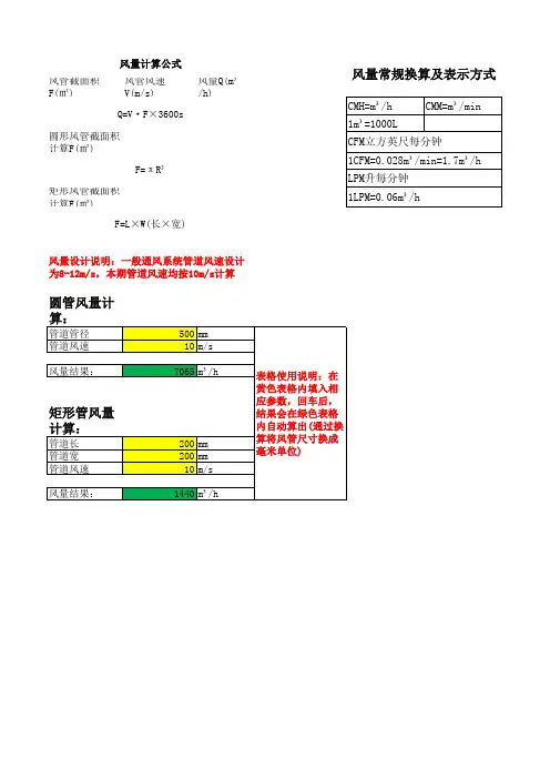 圆形 矩形风管风量自动计算公式