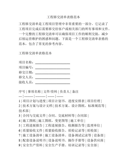 工程移交清单表格范本
