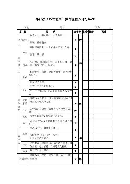 耳针法(耳穴埋豆)操作流程及评分标准