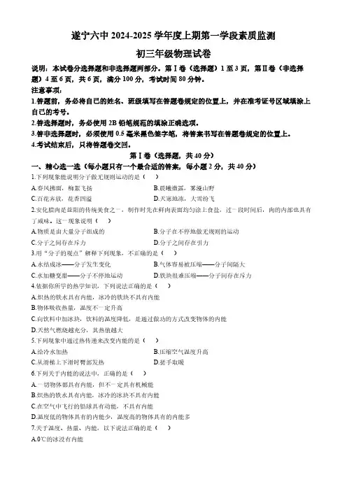 四川省遂宁市第六中学2024-2025学年九年级上学期10月月考物理试题(含答案)