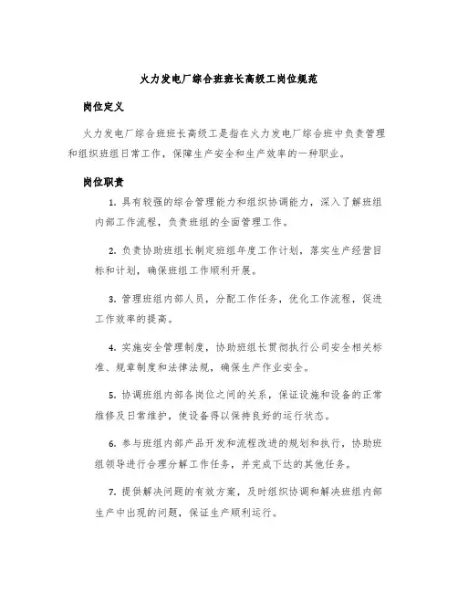 火力发电厂综合班班长高级工岗位规范
