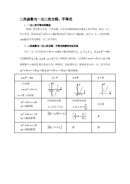 《二次函数与一元二次方程、不等式》知识点