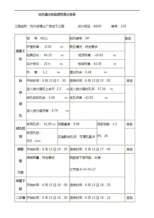 钻孔灌注桩旁站文本记录表