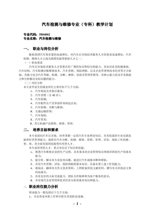 汽车检测与维修专业(专科)教学计划
