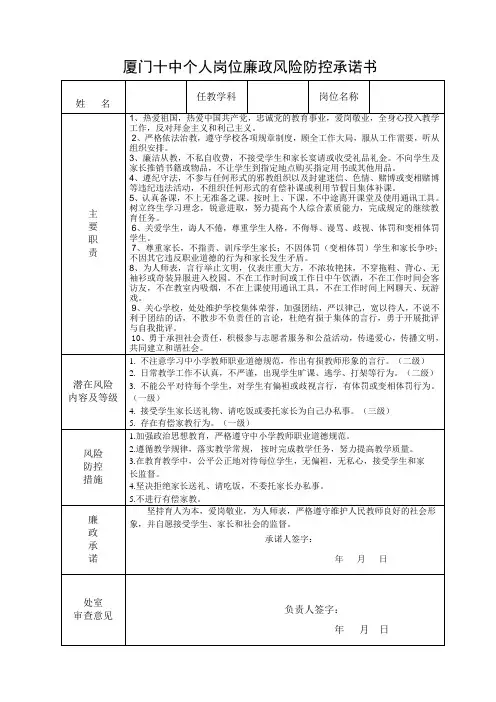 教师个人岗位廉政风险点自查及防控承诺表(示例)