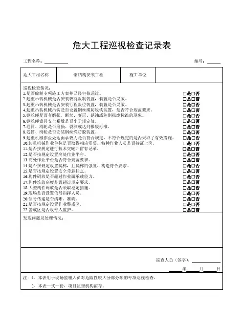 危大工程巡视检查记录表(钢结构吊装)