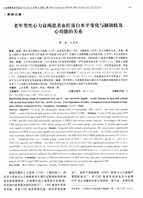 老年男性心力衰竭患者血红蛋白水平变化与脑钠肽及心功能的关系