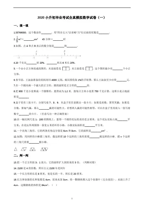 2020年小升初数学毕业考试全真模拟试卷(1)人教版(解析版)