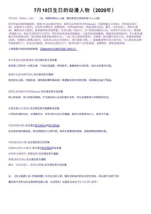 7月10日生日的动漫人物（2020年）