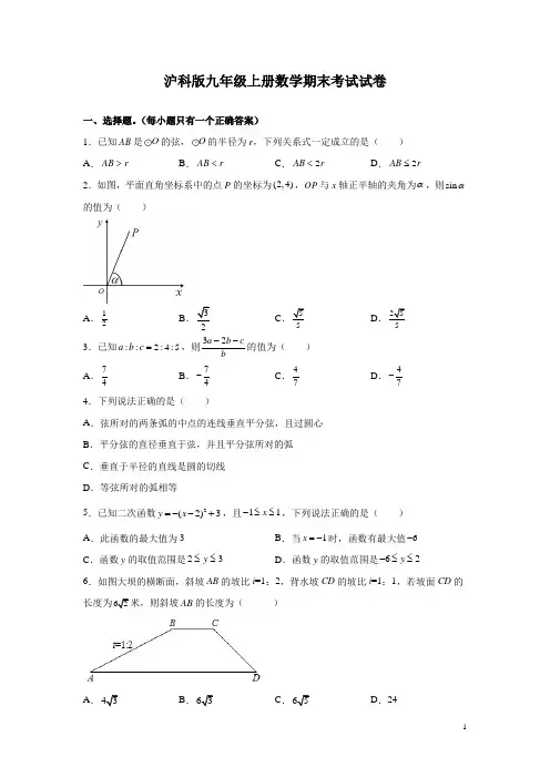 沪科版九年级上册数学期末考试试题及答案