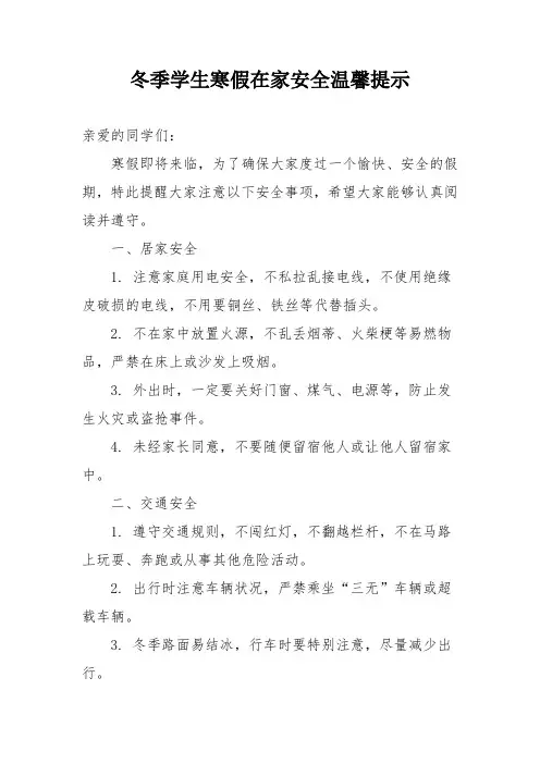 冬季学生寒假在家安全温馨提示