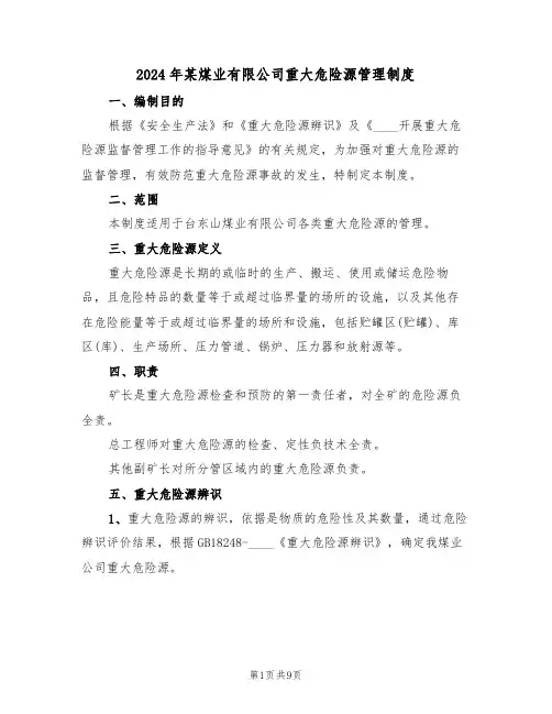 2024年某煤业有限公司重大危险源管理制度（三篇）