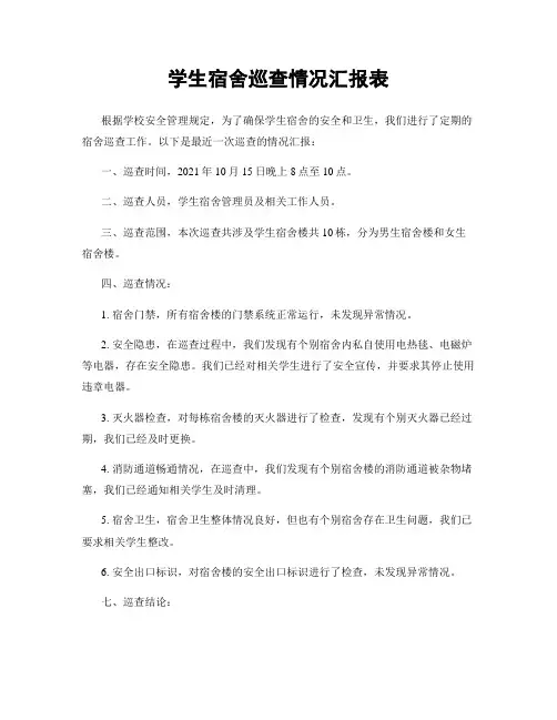 学生宿舍巡查情况汇报表