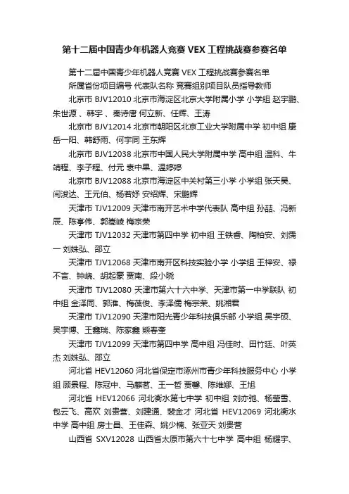 第十二届中国青少年机器人竞赛VEX工程挑战赛参赛名单