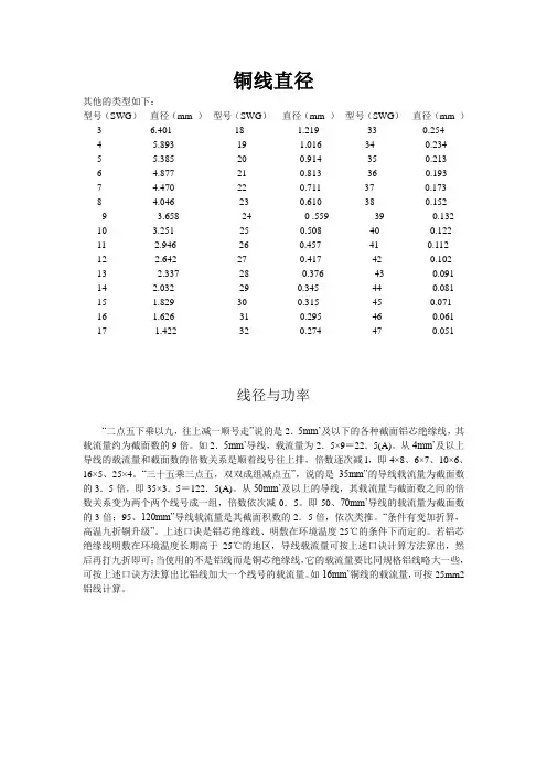 铜线直径及功率