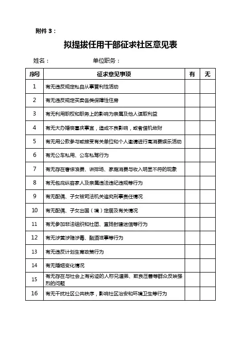 拟提拔任用干部征求社区意见表