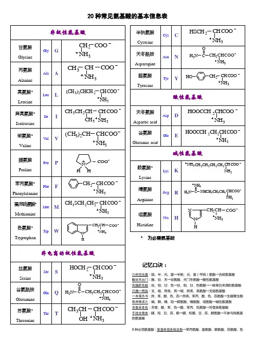 20种常见氨基酸基本信息表[适合打印记忆]