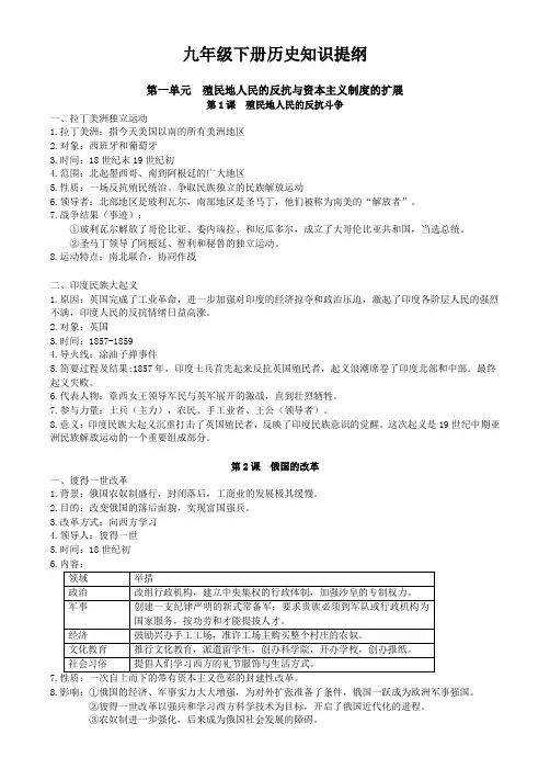 初三九年级下册历史知识提纲 中考冲刺必备必背