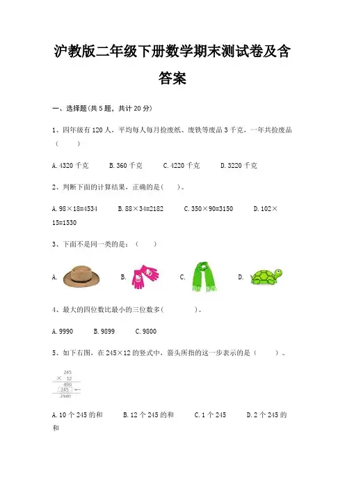 沪教版二年级下册数学期末试卷带答案