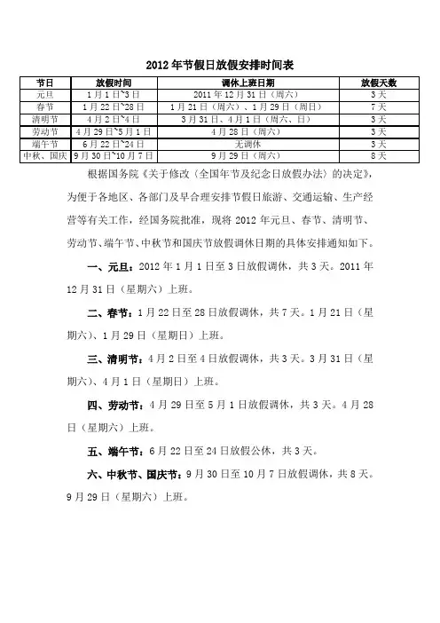 2012年节假日放假安排时间表