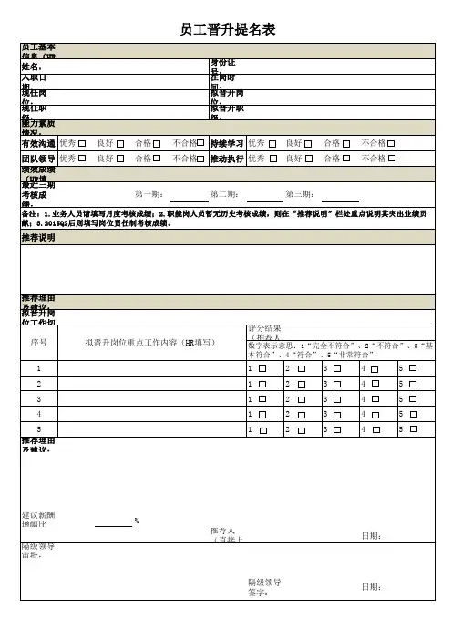 员工晋升提名表