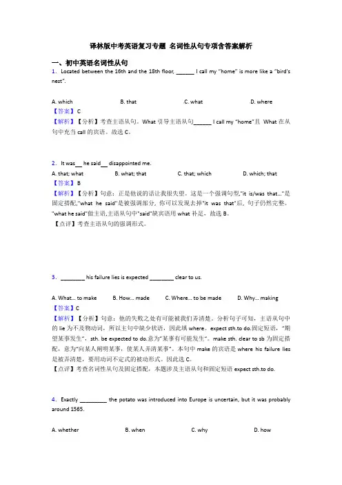 译林版中考英语复习专题 名词性从句专项含答案解析