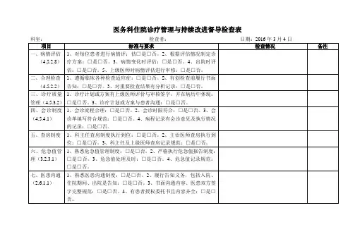 医务科住院诊管理与持续改进督导检查表2