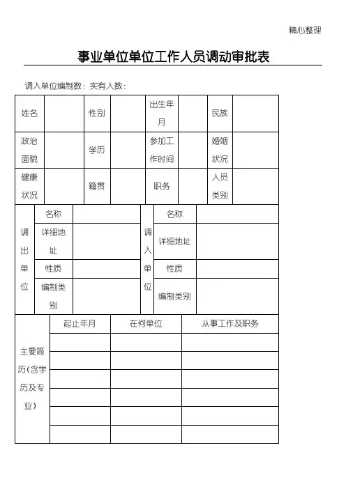 云南事业单位工作人员调动审批表