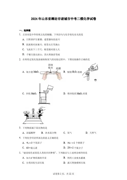2024年山东省潍坊市诸城市中考二模化学试卷