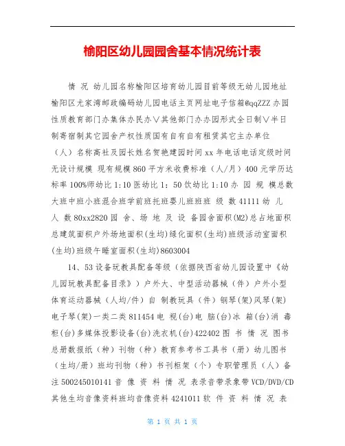 榆阳区幼儿园园舍基本情况统计表