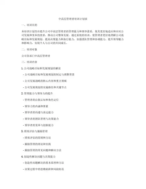 中高层管理者培训计划表