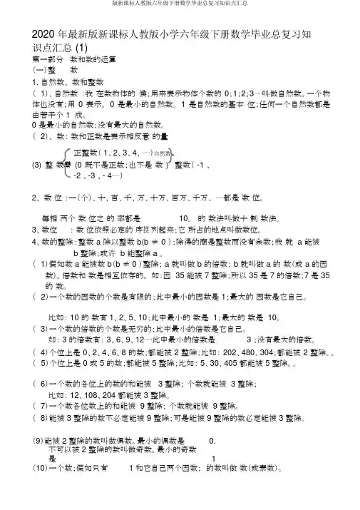 版新课标人教版六年级下册数学毕业总复习知识点汇总