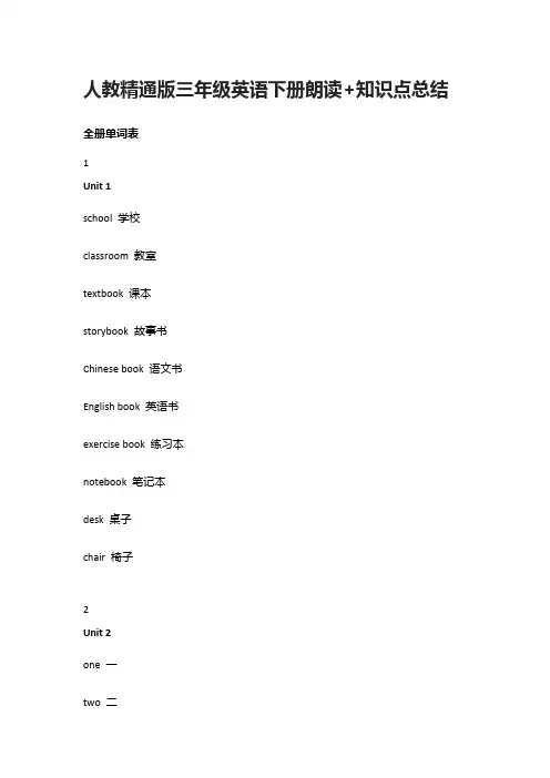 [全]人教精通版三年级英语下册朗读+知识点总结