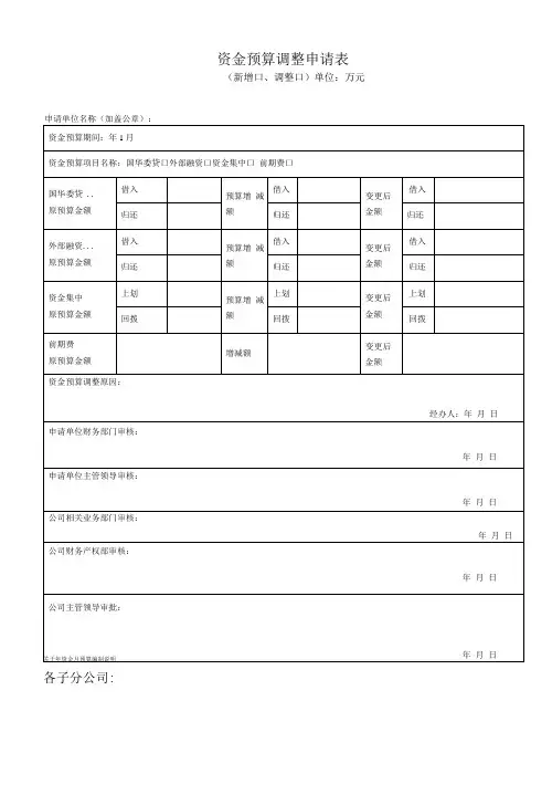 资金预算调整申请表 附公司资金月预算编制说明