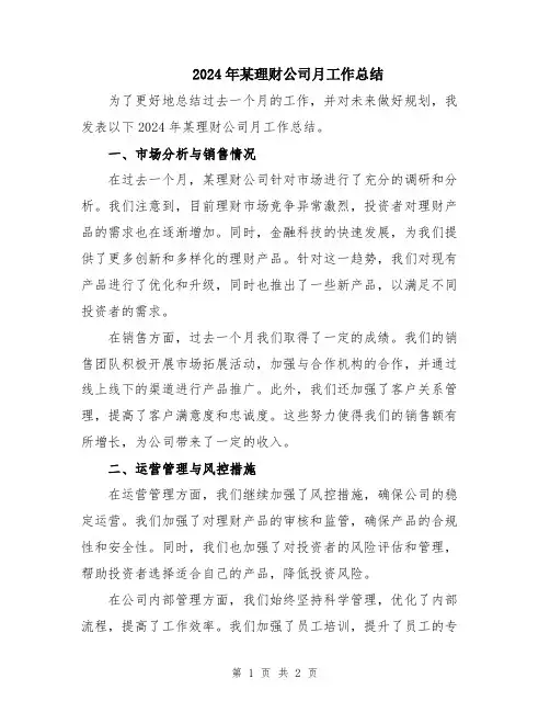 2024年某理财公司月工作总结