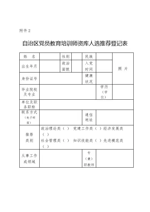自治区党员教育培训师资库人选推荐登记表【模板】