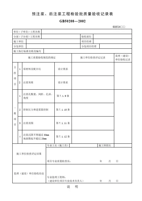 预注浆、后注浆工程检验批质量验收记录表