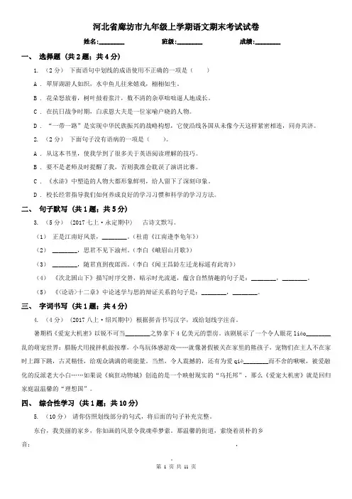 河北省廊坊市九年级上学期语文期末考试试卷