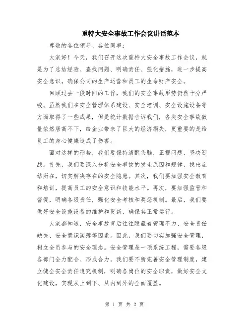 重特大安全事故工作会议讲话范本