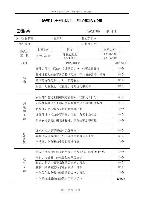 塔式起重机顶升、加节验收记录
