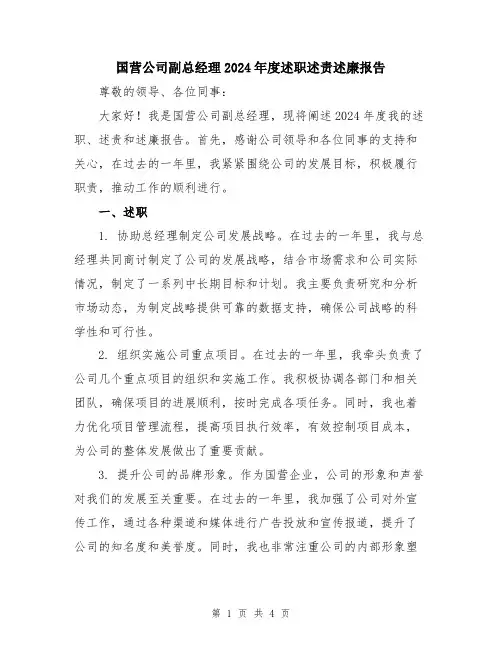 国营公司副总经理2024年度述职述责述廉报告