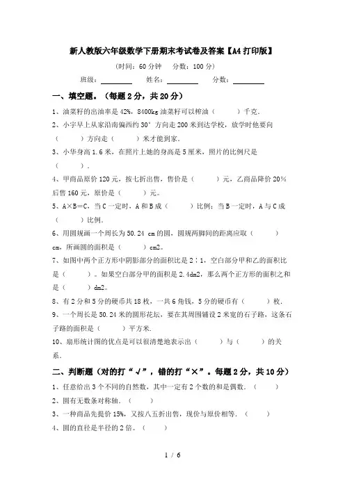 新人教版六年级数学下册期末考试卷及答案【A4打印版】