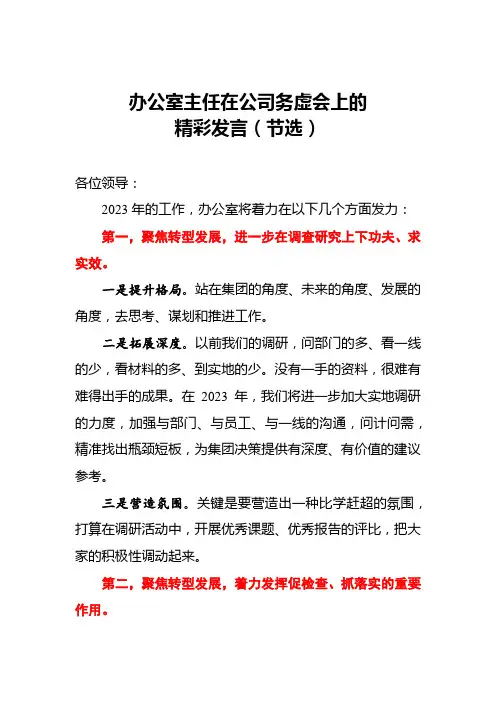 9、办公室主任在公司务虚会上的精彩发言(节选)