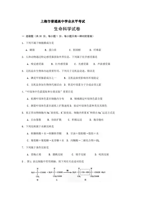 2021年上海市普通高中学业水平考试生命科学试题及答案