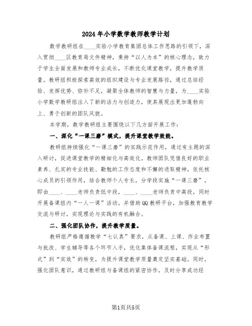 2024年小学数学教师教学计划（三篇）